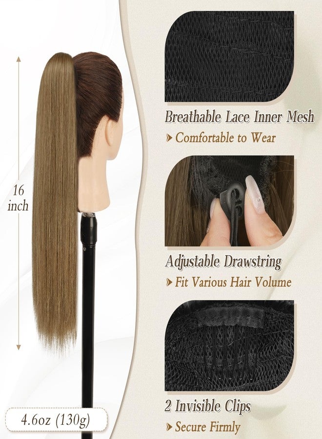 BARSDAR Ponytail Extension - 16 Inch Short Straight Drawstring Ponytail Hair Extensions for Women, Soft Synthetic Clip in Pony Tails Hairpieces Fake Ponytail Daily - Light Brown Mixed - Image 2